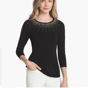 WHBM Black Stretch Knit Pearl & Rhinestone Embellished Sweater Size Small